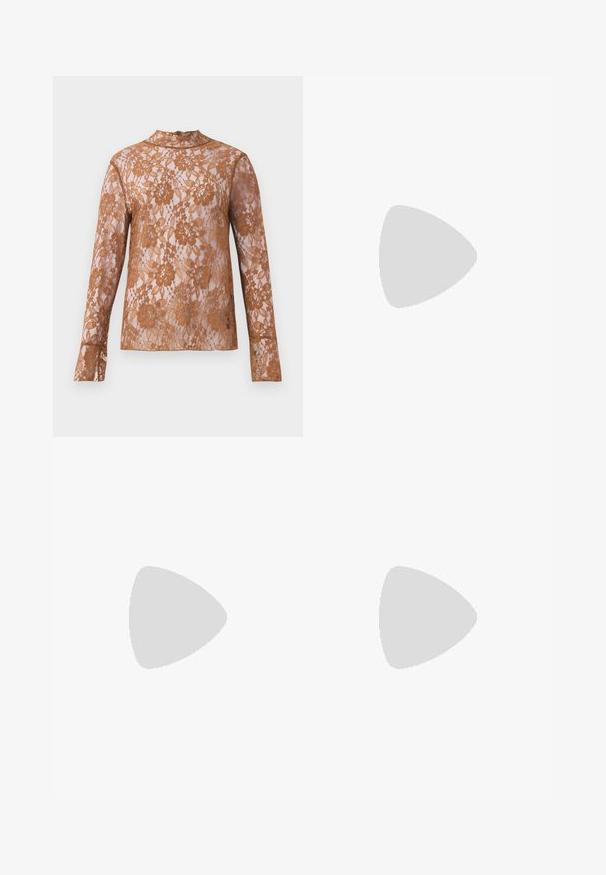 Garā piedurkņu blūze no caurspīdīgas brūnas mežģīnes ar ziedu rakstiem, augstu apkakli un pieguļošām piedurknēm. Caurspīdīga struktūra ar tekstūras detaļām.; Brūna, ceļgala garuma svārki, izgatavoti no mīkstas, vieglas auduma; ar raksotiem detaļām un sānu siksnu ar metālisku gredzenu.; Melnas ādas slingback kurpes ar norādītu purngalu, minimālisma dizainu, plānu potītes jostu un elegantām stiletto papēžiem. Gluda tekstūra.; Burgundijas ādas crossbody soma ar gludu tekstūru, ovālu zelta aizdari un regulējamu siksniņu, ar vienkāršu taisnstūra formu.