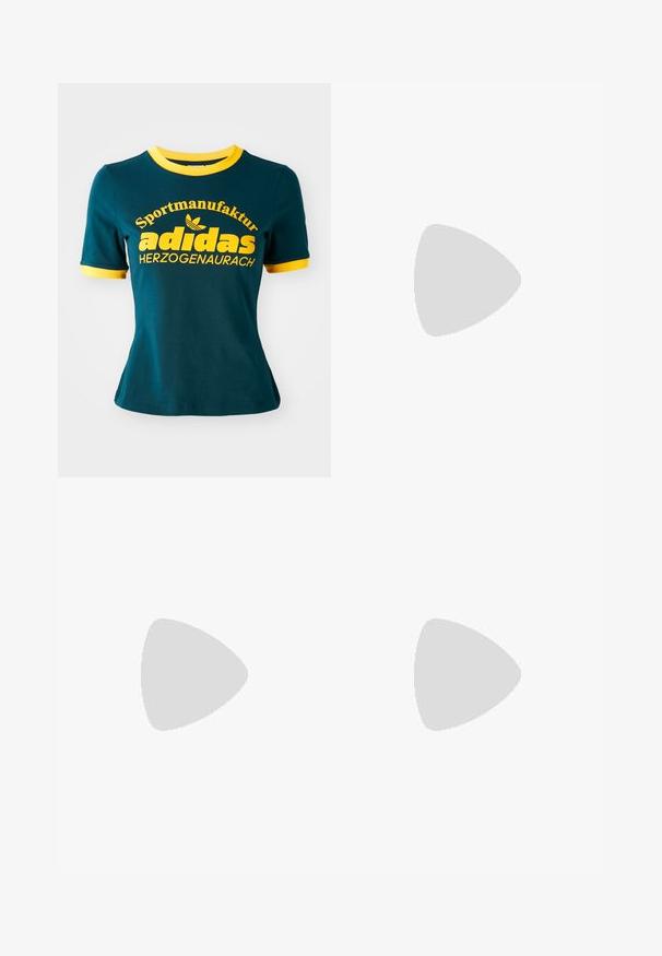Teal pamučna majica s žutim rebrastim ovratnikom i manžetama. Ima veliki žuti natpis: "Sportmanufaktur adidas HERZOGENAURACH" i logo.; Mornarsko plave hlače s bijelim prugama, elastični pojas i Adidas logo. Sadrži plave naglaske sa strane, izrađene od mješavine pamuka.; Crvene antilop tenisice s cvjetnim uzorkom, dizajnom s tri pruge, teksturiranim vezicama i kremasto bijelim gumeni potplat. Zlati detalj s natpisom "CAMPUS".; Naočale tipa avijatičar s gradijentnim plavim staklima, okvirom od srebrnog metala i dekorativnim zvjezdastim naglascima na staklima. Glatki i elegantni dizajn.