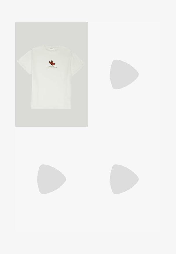 White cotton t-shirt featuring a butterfly design in red and black, with the text "WINGS OF CHANGE GOOD THINGS ARE COMING" below it.; Navy blue wide-leg pants with a drawstring waistband and white vertical stripes. Smooth texture, no pockets or embellishments.; White sneaker with a smooth leather upper, prominent seams, lace-up front, thick textured sole, and a rear pull tab for ease of wear.; Aviator sunglasses featuring a gradient blue lens, silver metal frame, and decorative star accents on the lens. Smooth and sleek design.