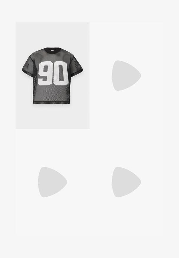 Black mesh t-shirt with short sleeves and a round neck; features bold white text "90" on the front. See-through texture, relaxed fit.; Black denim shorts with a relaxed fit, featuring a classic five-pocket design and button closure, smooth texture, and straight leg cut.; Black canvas sneakers with a rounded toe, flat rubber sole, and black laces. Paired with black ribbed socks. Simple design with no patterns.; Black leather shoulder bag with a zip closure, featuring a textured body, white stitching, and a strap with silver grommets.