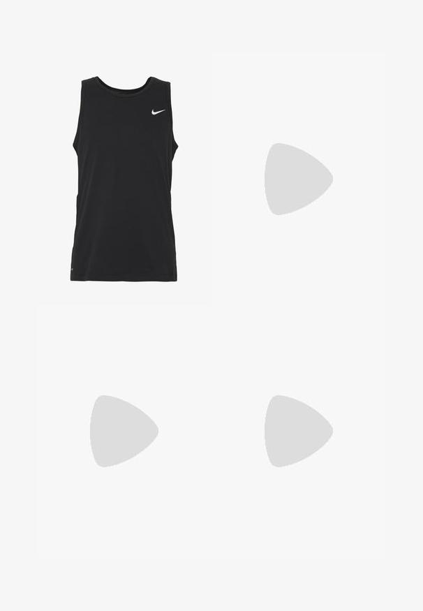 Camisola de treino sem mangas na cor preta, feita de uma mistura suave de algodão. Apresenta um decote redondo e um pequeno logotipo branco da Nike no peito.; Calções atléticos masculinos com um padrão de tie-dye em preto e branco. Feitos de um tecido leve e respirável, com dois bolsos com fecho e um cós com cordão.; Sapatilha atlética branca com parte superior em malha, sobreposições de textura suave, detalhes em cinza, atacadores e sola acolchoada projetada para desempenho.; Relógio digital Casio com uma bracelete de resina cinza, mostrador LCD, resistência à água até 100 metros e funcionalidades para alarmes e luz de fundo.