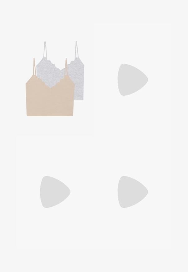 Deux tops camisoles : un beige et un gris clair. Chacun possède des bretelles fines et un décolleté festonné, fabriqués dans un tissu doux et extensible.; Pantalons taperés vert clair avec une taille à cordon, des plis avant et des poignets élastiques, fabriqués en tissu doux et lisse.; Escarpins en cuir verni noir avec bout pointu et talon bloc géométrique. Présente un design élégant et minimaliste ainsi qu'une texture lisse.; Sac hobo en cuir noir avec une texture lisse, une forme incurvée et une seule sangle réglable ; dispose d'une large ouverture en haut.
