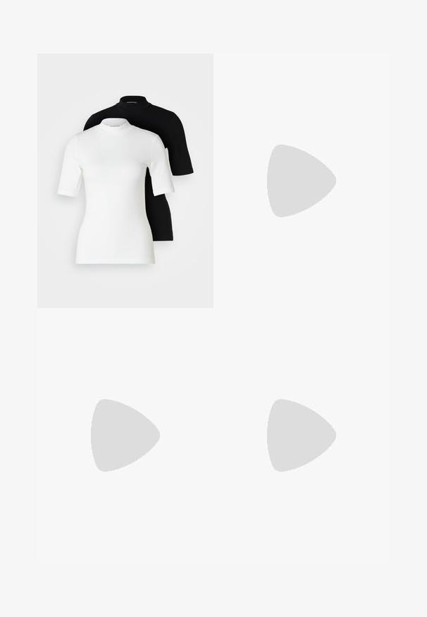 Two short-sleeve turtleneck tops: one white and one black. Both made of smooth, stretchy fabric with fitted silhouettes and crew necks.; Brown jogger pants with an elastic waistband, ribbed cuffs, smooth texture, and front seam detailing. Suitable for casual wear.; Black ankle boots made of smooth leather with a pointed toe and a short, thin heel. Features a seamless design and subtle stitching accents.; Silver hoop earrings, featuring a smooth, polished finish. Two pairs with a slightly different size. Simple, circular design, lightweight.