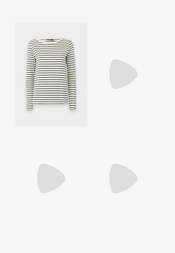 Långärmad randig skjorta i mjukt tyg, med horisontella marinblå och krämfärgade ränder, rund hals och avslappnad passform.; WEEKEND MaxMara AGENDA - Jeans relaxed fit - navy; Paul Smith Sneakers - whites; Brun läderhandväska med klaffstängning, guldfärgad hårdvara, axelrem och en slät yta. Kompakt rektangulär form.