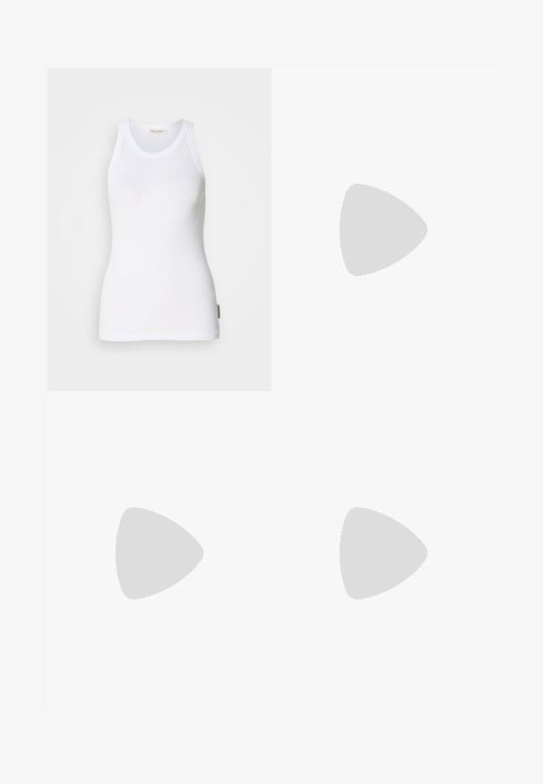White sleeveless cotton tank top with a scoop neckline, seamless sides, and a small logo label on the bottom left side. Smooth texture.; Light olive green shorts made of soft fabric, featuring an elastic waistband with a drawstring and a small label in the bottom right corner.; White sneaker made of smooth synthetic material, featuring a rounded toe, lace-up design, flat sole, and subtle perforated detailing.; Silver hoop earring with a polished finish, featuring small gold accent details and a round shape, worn on the lobe.