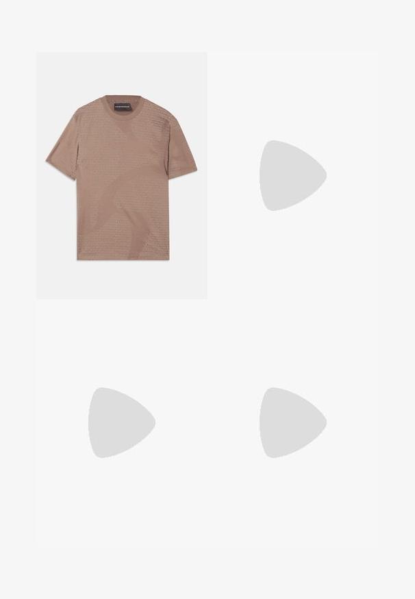 Short-sleeve tan t-shirt made of soft fabric featuring a subtle all-over Emporio Armani logo pattern. Crew neckline with stitching details.; Black leather pants with a straight leg design, featuring a button closure, four pockets, and smooth texture. Reinforced stitching details visible.; Black woven slip-on shoe with a smooth leather accent on the upper, a round toe design, and a low-profile rubber sole.; Black leather clutch with textured surface, front zip pocket, and detachable wrist strap. Features a logo patch on the front. Rectangular shape.