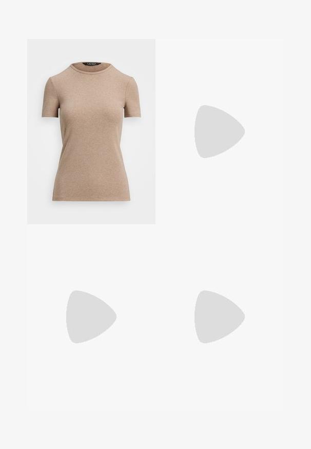 Lauren Ralph Lauren STRETCH COTTON CREWNECK TEE - T-shirt - bas - adirondack heather; Råa blå denimjeans med hög midja, med sydda fickor, metallknapp och en jämn textur. Klassisk femfickdesign.; Mörkbrun läderankelboot med klack och rund tå, visad på en enkel ljusgrå bakgrund.; Svart krokodilpräglad läderväska med en bågformad design, guldfärgade detaljer, en justerbar rem och en logodetalj framtill.