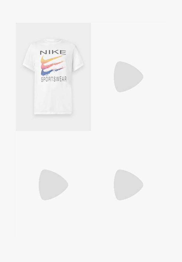 White cotton t-shirt featuring a colorful graphic with "NIKE" in black and "SPORTSWEAR" in bold, centered below the logo. Short sleeves.; Gray-green sweatpants with an elastic waistband and cuffs. Features minimal branding in matching thread on the side. Soft texture.; White Nike Air Max 90 sneakers feature a smooth leather and mesh upper, perforated detailing, cushioned sole, and visible air unit for comfort.; Nike Sportswear ELEMENTAL PREMIUM - Bum bag - blue