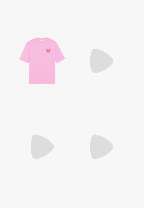 Pink cotton t-shirt with short sleeves, featuring a red graphic of a butterfly and the text "OBSCURE FUTURE" on the left chest.; White wide-leg pants made of lightweight fabric, featuring a drawstring waist, two front pockets, and simple metal hardware accents.; White high-top canvas sneaker with black rubber sole, front rubber toe cap, and six eyelets for laces, featuring a clean, minimalist design.; Pink sequin handbag with a rounded shape and a pink strap. The bag features shiny, reflective sequins in varying shades of pink.