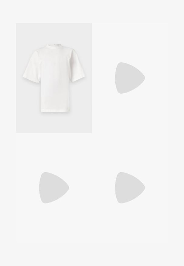 White short-sleeved cotton T-shirt with a high neckline and a straight fit. No visible patterns or accents. Seam details at shoulders.; Black wide-leg trousers with a smooth fabric, featuring a front button closure and two front pleats. Hem is cuffed. Minimalist design.; Silver knee-high boot with crinkled texture, pointed toe, and a low heel. Made from shiny material with a reflective surface.; Denim crossbody bag with a black leather strap, oval logo design on the front, and a zip closure at the top. Textured finish.