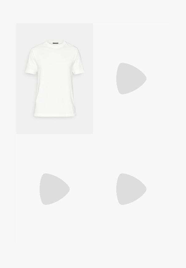 White cotton t-shirt with short sleeves, round neckline, and a smooth texture. Features a simple design without patterns or accents.; Light blue denim jeans with a slim fit, featuring slight distressing on the knees and a classic five-pocket design.; White leather sneakers with gum rubber sole. Features light suede toe cap and “BOSS” logo in gold on the side. Worn with cuffed beige pants.; Silver metal chain necklace with interlocking links, featuring a rectangular clasp engraved with "CK." Smooth, polished surface.