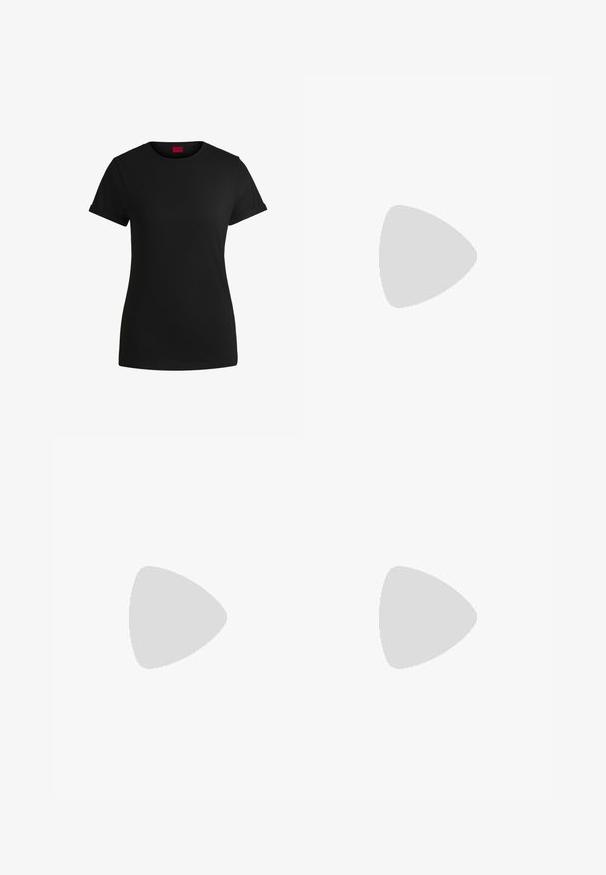 Black cotton t-shirt with short rolled sleeves, a round neckline, and a red label. Smooth texture, fitted shape with minimal detailing.; Patterned trousers featuring a geometric design in cream and black, slim-fit cut, smooth texture, with a stretchy waistband.; Gray pinstriped wide-leg trousers with a smooth texture, paired with black leather flats featuring a rounded toe.; Calvin Klein PAPER BAG CROSSBODY  - Cross body bag - antique white