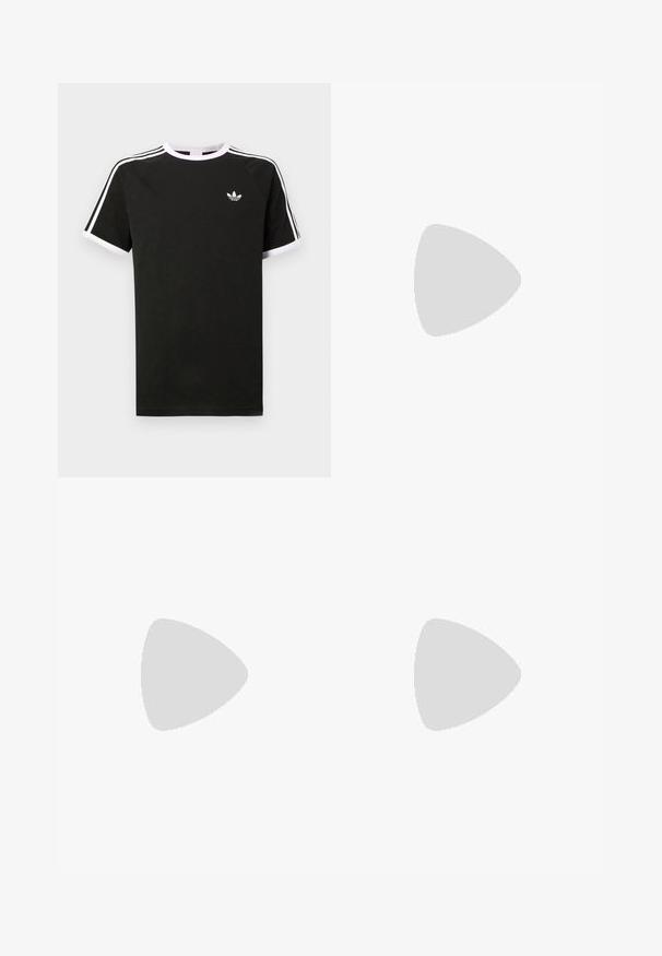 Black t-shirt made of cotton with white accents. Features short sleeves, raglan design, and a small logo on the chest. Three white stripes on shoulders.; Olive green cargo shorts made of lightweight fabric, featuring two side pockets with flaps, belt loops, and a button closure.; Black suede sneaker with yellow accents, featuring three stripes and a brown rubber sole. Includes a padded tongue for comfort.; Blue Ray-Ban sunglasses with a glossy finish, square shape, and dark lenses; worn with a navy and light blue plaid shirt.