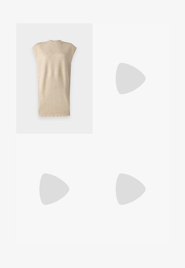 Beži sleeveless top kõrge kaelusega, valmistatud pehmest, tekstuuriga kangast. Omab lõdvaist ja siledat pinda.; Tumesinised püksid sirge jala kujundusega, valmistatud siledast kangast, varustatud vööluude ja ees oleva tõmblukuga.; Kreemivärvi nahast ülemise osaga sneakersid, helebeežide triipude ja virsiku aktsentidega. Omab tekstuurset pruunist kummist tallat ja minimalistikku disaini.; Pruunid kilpkonnaläätsed ovaalsete objektiividega, õhukesed kaared ja läbipaistvad aktsendid. Templi peal on peene logoga. Sujuv, kergesti kandmiseks mõeldud disain.