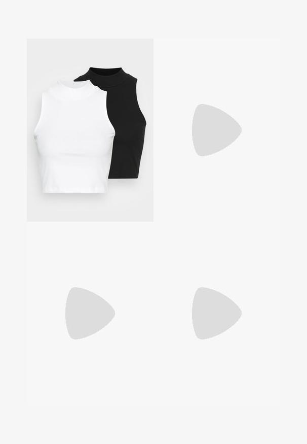 Dve bezrukávové rebrované roláky v čiernej a bielej farbe, pričom majú priliehavý strih a hladkú textúru, s krátkou dĺžkou.; Čierna sukňa s tierovaným strihom a naťahovacím pásom. Má tri vrstvy volánikov a ľahkú látku pre vzdušný vzhľad.; Čierne kožené topánky s okrúhlou špičkou, silným blokovým opätkom a elastickými bočnými akcentmi, skombinované s tmavými pančuchami a čiernou sukňou so štiepením.; Strieborné kruhové náušnice s minimalistickým dizajnom. Cirkulárny tvar, hladký povrch a tenký profil. Ľahké s lesklým povrchom.