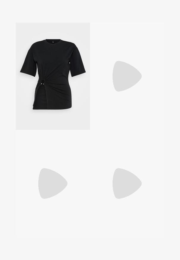 Black cotton t-shirt with short sleeves, featuring a knotted design at the waist and a circular metal accent detail on the side.; Black maxi skirt made of smooth fabric; features a gathered waist, flowing silhouette, and a straight hem with no additional embellishments.; Black knee-high boot with a smooth leather body, elastic side panels, and a thick platform sole featuring a treaded bottom.; Black sunglasses with a wrap-around design, dark tinted lenses, shiny star-shaped accents, and adjustable nose pads.; PARFOIS SHOULDER BAG AU NATUREL S - Handbag - ecru
