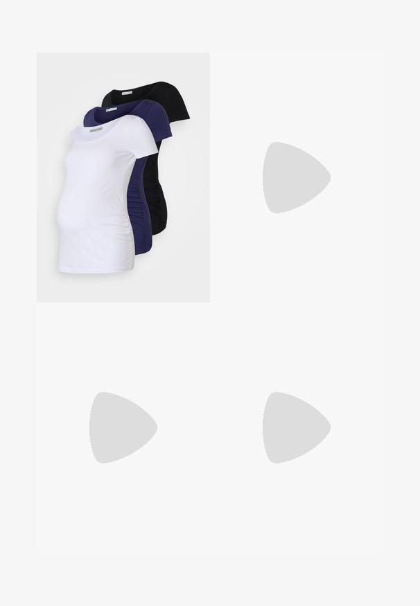 Graviditets-T-shirts i tre färger: vit, marinblå och svart. Mjukt bomull, kortärmad design med rynkade sidor för komfort och passform.; Svarta gravidyoga byxor i mjukt tyg, med elastisk midja, dragsko-stängning och smalnande ärm i anklarna.; Vita och beige sneaker med en slät läderovandel, mockadetaljer, rund tå och en texturerad gummisula. Varumärket tryckt på sidan.; Svart tyg axelväska med detaljer i guldton, med ett huvudfack med dragkedja och två mindre fickor med dragkedja på sidorna.