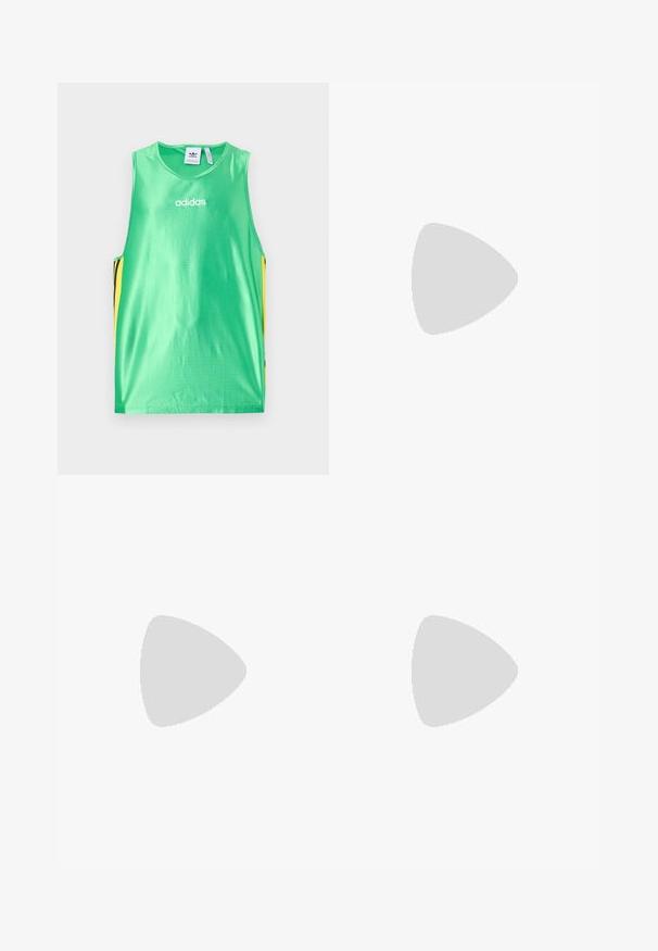 Green sleeveless athletic tank top with a shiny texture, featuring yellow and black side accents and an Adidas logo on the front.; Black, lightweight pants with a relaxed fit, elastic waistband, and drawstring. Features white side stripes and a small logo on the thigh.; Black sneakers with a suede and synthetic upper, featuring three white stripes, textured rubber sole, and blue logo tag on the tongue.; Black oval sunglasses with dark lenses, thick frames, and silver dot accents on the sides. Smooth plastic material, contemporary design.