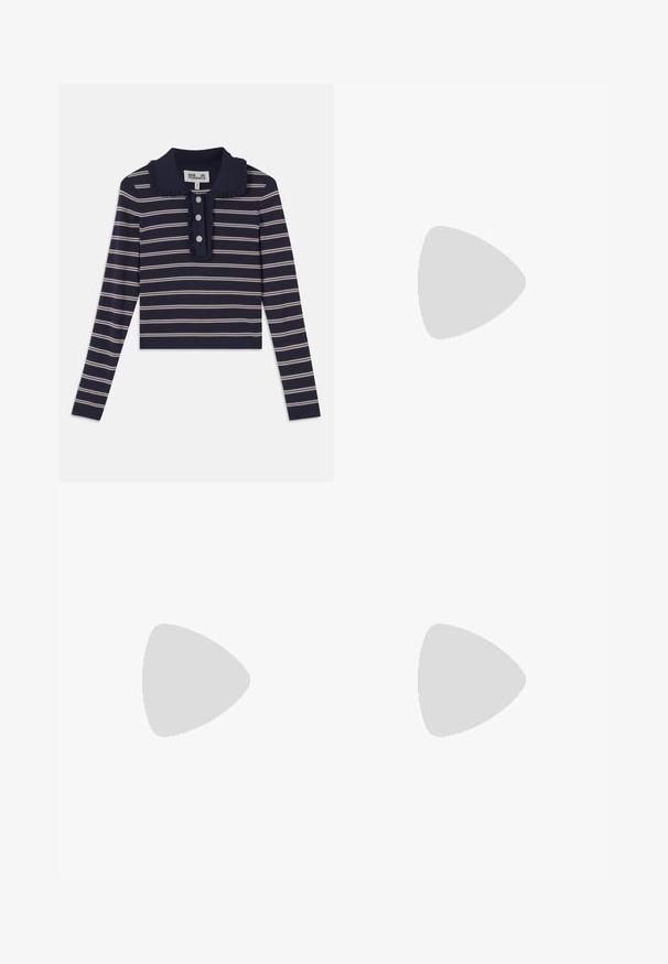 Camicia a maniche lunghe blu marina con strisce orizzontali rosa, colletto arricciato e placca con tre bottoni sul fronte; realizzata in un materiale morbido e elasticizzato.; Gonna grigia a matita con una texture liscia, forma aderente e una vita piatta, caratterizzata da cuciture laterali e senza motivi o dettagli visibili.; Mule con tacco in metallo argento, con punta affusolata, cinturini incrociati, un piccolo tacco a blocco e superficie liscia e lucida.; Borsa a mano in pelle nera con design curvo, caratterizzata da borchie argentate, una fibbia e due tasche laterali. Tracolla regolabile per diverse opzioni di trasporto.