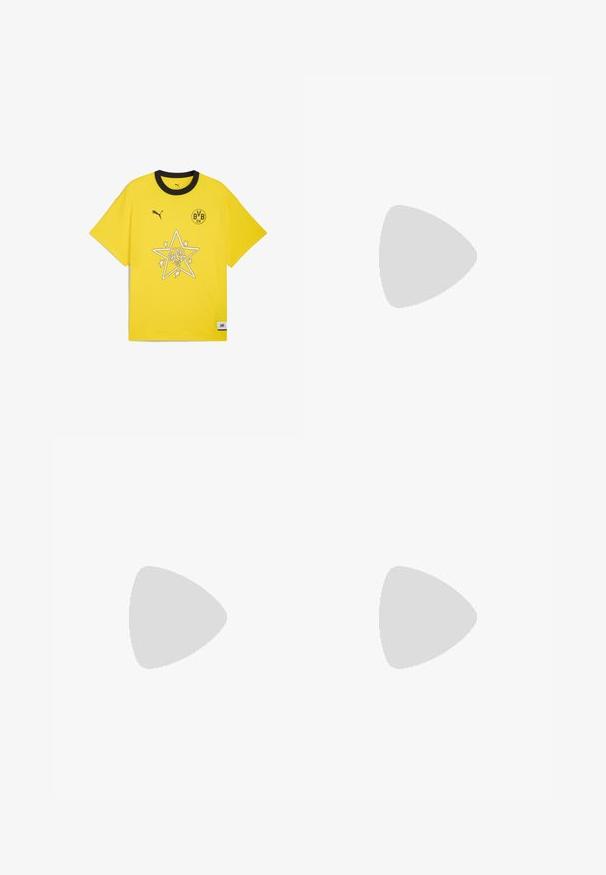 Yellow cotton t-shirt with black collar, featuring a star graphic and 'BVB 09' logo. Short sleeves, relaxed fit, textured fabric.; Brown checkered button-up shirt with long sleeves, paired with beige pants, worn over a white t-shirt. Model stands in a simple indoor setting.; Puma sneakers in white and black suede, featuring a brown rubber sole. Paired with white socks displaying a black logo, worn with dark pants.; Gold chain necklace with large interlocking links, featuring a circular pendant detail at the center with a raised emblem.