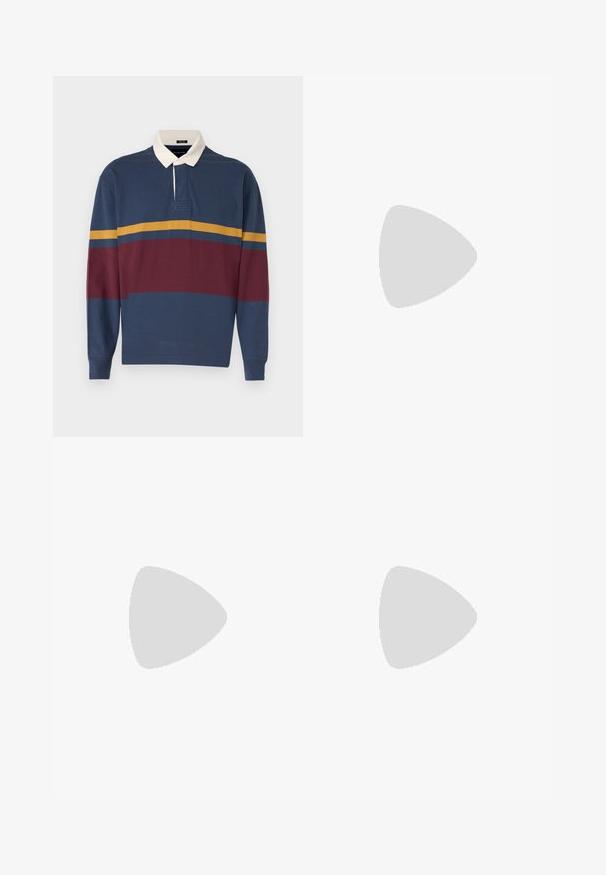 Μακρυμάνικη πόλο μπλούζα σε ναυτικό μπλε, με μπορντό και μουσταρδί ρίγες. Αντίθετος λευκός γιακάς με κουμπιά. Μαλακό ύφασμα βαμβακερό.; Σκούρο μπλε τζιν παντελόνι με στενή εφαρμογή, πέντε τσέπες και αντίθετη πορτοκαλί ραφή. Διαθέτει κούμπωμα και φερμουάρ.; Λευκά δερμάτινα αθλητικά παπούτσια με απλή επιφάνεια, στρογγυλή μύτη, επίπεδα κορδόνια και ανάγλυφη σόλα. Γκρι σουέτ λεπτομέρεια στη φτέρνα.; Γυαλιά ηλίου με ορθογώνιους, σκούρους γκρι φακούς, ασημένιο μεταλλικό σκελετό και μαύρες πλαστικές άκρες στα χερούλια. Ελαφρύ σχέδιο με υποδοχές για τη μύτη.