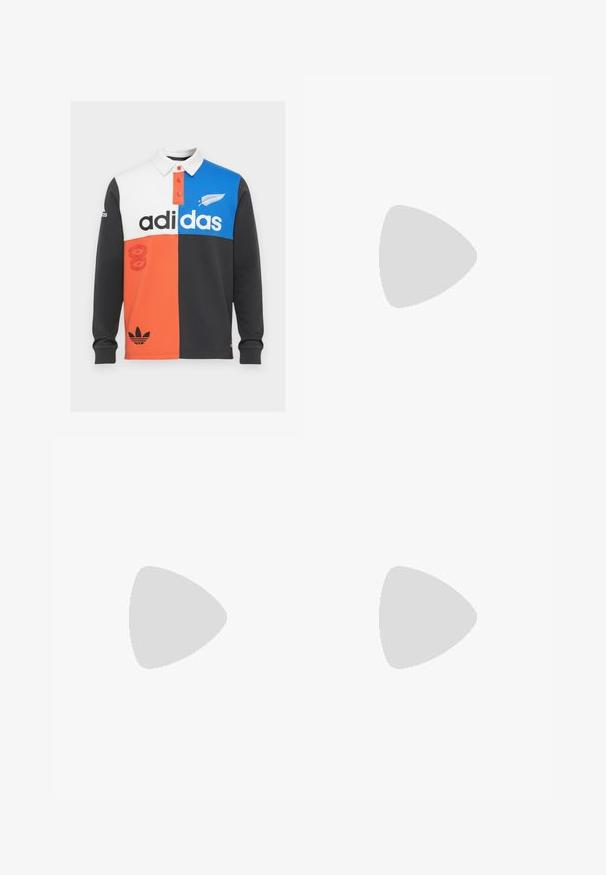 Värgbockad långärmad polo i svart, vitt, orange och blått, med krage, knapprad och framträdande Adidas-logotyp.; Vihreät puuvillahousut suoran lahjetta ja napin suljinta, joissa on sivutaskut. Suunnittelu on sileä ja polvipituinen.; Valkoiset ja mustat tennarit, joissa on mokkanahka- ja nahkapäällinen, kolme valkoista raitaa, rei'itetty kärki ja kumipohja.; Musta kangas olkalaukku vetoketjulla, jossa on valkoinen Adidas-logo ja raidallinen säädettävä hihna helppoa kantamista varten.