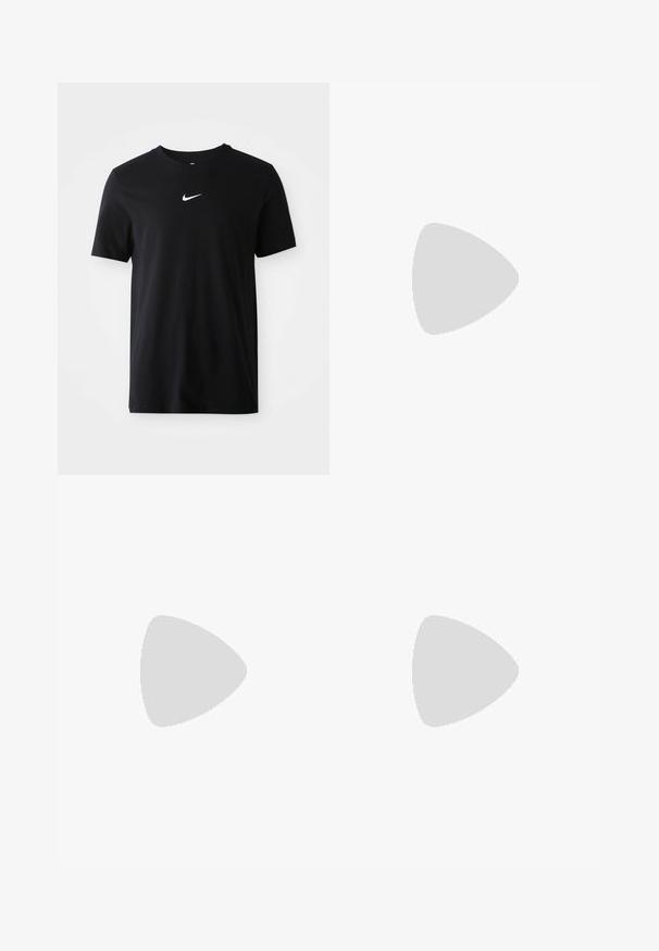 Črna bombažna majica s kratkimi rokavi, okroglo izrezana in z majhno belo Nike logo na prsih. Gladka tekstura in klasičen kroj.; Črne atletske kratke hlače iz lahkega materiala. Imajo elastičen pas in majhen logo blizu roba. Gladka tekstura, dolžina nad koleni.; Črne tekalne čevlje z gladkim sintetičnim zgornjim delom, perforiranimi poudarki, teksturiranimi stranskimi paneli in edinstvenim elastičnim podplatom.; Sive sončna očala z teksturiranim, vzorčastim okvirjem. Ovalna leča in tanke ročke imajo črno dekoracijo. Lahka kompozitna material.