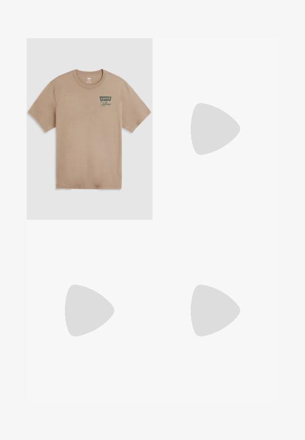 Beige short-sleeve t-shirt made of cotton, featuring a green "Levi's California" logo on the left chest area and a crew neck style.; Men’s straight-leg black denim jeans with five pockets and orange stitching, button and zip closure on front waistband.; Burgundy leather loafer with a smooth finish, decorative stitching, and a rounded toe. Features a low black heel.; Brown leather laptop bag with a textured surface, dual top handles, adjustable strap, and two front buckles for added detail.