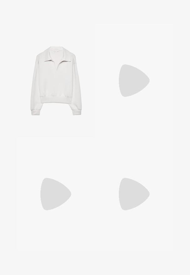 White pullover with a structured collar, long sleeves, and elastic cuffs. Made of soft fabric, featuring a relaxed fit and minimal design.; Wide-leg trousers in dark gray fabric, featuring a high waist, pleated front, and a smooth texture with no visible fasteners or embellishments.; Brown leather ankle boot featuring elastic side panels, a pull tab, and a chunky sole with a tread pattern. Smooth finish and robust design.; Black leather handbag with a textured surface, silver hardware, clasp closure, and a short handle for carrying. Compact and structured design.