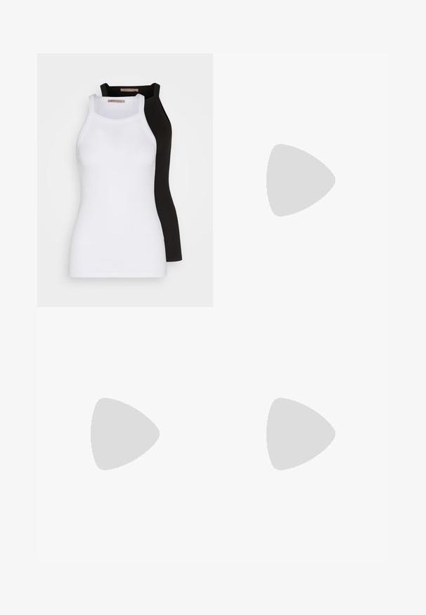 Two tank tops, one white and one black. Both feature a ribbed texture, racerback design, and a soft cotton blend fabric.; Wide-leg trousers in dark navy fabric with an elastic waistband, featuring a smooth texture and full-length design.; Black patent leather slingback heels with a pointed toe, a rounded cutout design, and a block heel. Features a gold-tone buckle accent.; Black shoulder bag with a smooth matte finish, curved top design, adjustable strap, and no visible closures or embellishments.