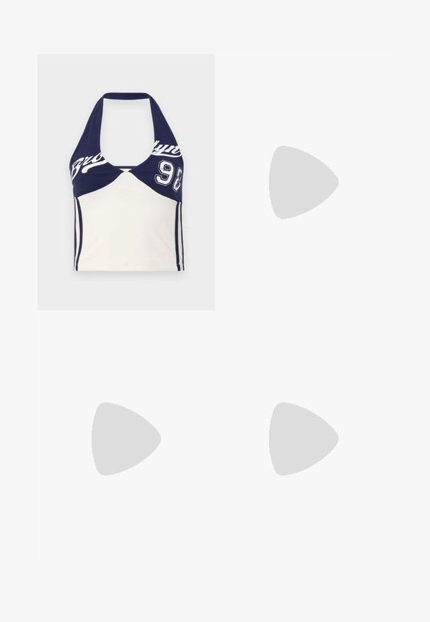 Navy blue and cream cotton crop top with halter neck, featuring "Brooklyn" print and number 98. Smooth texture, sporty design, and color-blocked.; Denim shorts in a black and grey acid wash pattern, featuring a high waist, belt loops, and five pockets. Edges are finished.; Black high-top athletic shoe with a textured fabric upper, featuring three white stripes and a laced front design. Flat rubber sole at the base.; Black woven leather handbag with a slouchy design, featuring a knotted strap and a small decorative gold stud at the top.