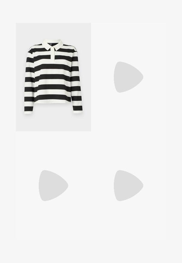 Black and white striped long-sleeve polo shirt with a flat collar, featuring a straight hem and a soft, textured fabric.; Black, knee-length skirt made of lightweight material with an elastic waistband and a relaxed, A-line silhouette. Features no visible patterns.; White mesh shoes with a structured design, featuring a Velcro strap and cut-out sides, textured fabric, and a chunky sole.; Blue quilted denim shoulder bag with a gold chain strap and a prominent gold logo accent on the front. Compact rectangular shape.