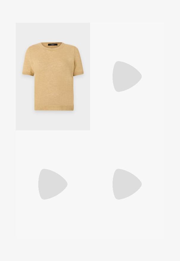 Pull en tricot à manches courtes de couleur beige clair, avec un col rond et un ourlet et des poignets côtelés pour apporter texture et confort.; Jupe midi marron avec une taille élastique, ornée de sequins floraux, au design plissé et à la texture de tissu lisse.; Sandales blanches à talon léger avec des fines lanières et une texture en cuir lisse ; elles sont dotées d'une petite boucle décorative.; Sac à épaule en cuir beige avec un fermoir à rabat, quincaillerie en métal argenté et une bandoulière amovible. Texture lisse et forme rectangulaire simple.