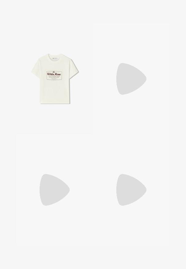 Bela bombažna majica s krožnim ovratnikom in kratkimi rokavi. Ima maroon natisnjen etiketni dizajn, ki govori "Bela vrtnica" in povezano besedilo.; Brahne trenirke iz mehkega materiala, z elastičnim pasom in vrvico, zoženimi hlačnicami ter logotipom na strani.; Debele bele športne copate, izdelane iz teksturirane mrežaste in sintetične materialov, z debelim podplatom in zapletenimi vzorčičnimi detajli ob straneh.; Črna torba v obliki tote iz gladke usnjene površine, ki ima ukrivljen odprt vrh z dvema naramnicama in minimalističnim dizajnom.