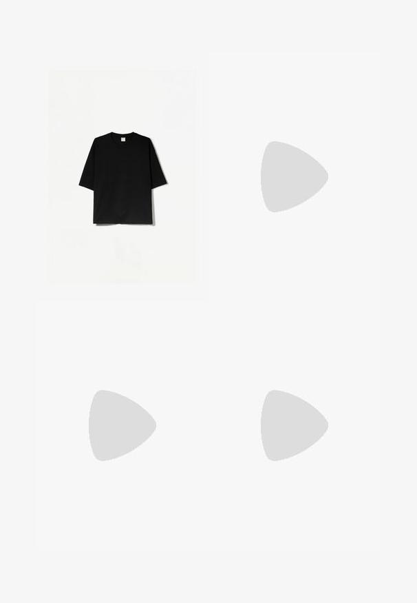 Black short-sleeve T-shirt with a round neckline, made from soft fabric, featuring a loose, boxy fit and minimalistic design.; Light beige wool trousers with a smooth texture, straight cut, front pleats, and a single button closure at the waistband.; Black leather loafers with a rounded toe, featuring a stitched design, low platform sole, and a textured, lugged rubber outsole.; Ray-Ban sunglasses with a black matte frame, green lenses, and gold accents. Features a rectangular shape and distinct temple design.