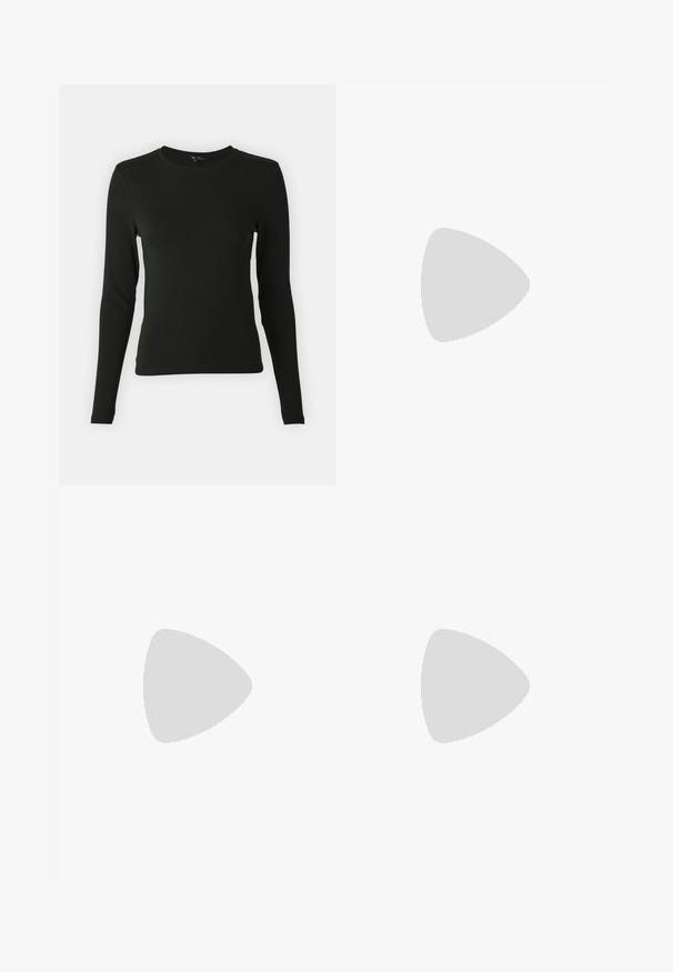 Juodas ilgomis rankovėmis marškinys, pagamintas iš lygaus audinio, su apvaliu iškirpimu ir prigludusia forma, be matomų raštų ar akcentų.; Juodos kelnės su laisvu siluetu, elastinga juosmena ir subtiliomis klostėmis. Pagamintos iš minkštos medžiagos, turi siaurėjančius kojų galus ir be kišenių.; Juodi odiniai platformos batai su masyviu blokuota kulniuku, apvalia nosimi ir tradiciniu šnypštimo dizainu. Turintys glotnų paviršių ir minimalų dekoravimą.; Juodas odinis tote krepšys su lygia tekstūra, stačiakampio formos ir dviem ilgais rankenomis. Matomų metalinių detalių ar puošybos nėra.