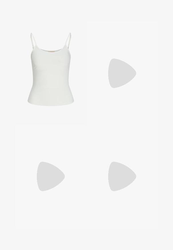 White sleeveless top with adjustable straps, fitted design, smooth fabric texture, and a round neckline. No patterns or hardware details.; knitted shorts in beige with brown and black stripes; features a ribbed texture and an elastic yellow waistband.; Platform flip-flop with multicolored woven strap in orange and pink. Textured tan footbed and ridged outsole in brown, pink, and coral stripes.; Pink woven handbag with a rounded handle and a zippered top, featuring a textured surface and diamond pattern throughout.; Two gold rings are displayed, one thick and rounded, the other thin and flat. Both feature a smooth, shiny surface with a polished finish.