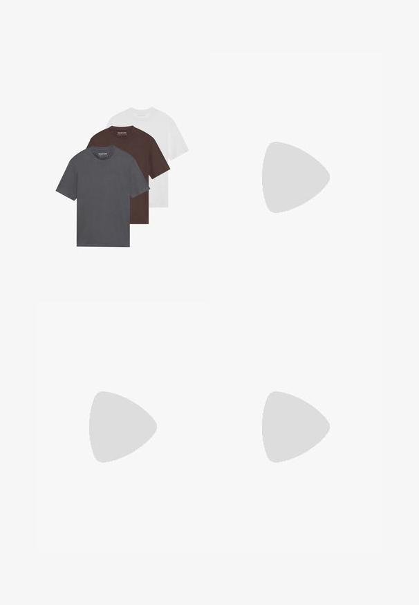 Three crew-neck t-shirts: one gray, one brown, one white. Each is short-sleeved, made of smooth fabric, and features a simple design.; Olive green corduroy shirt with long sleeves, button closure, two chest pockets, and a mountain graphic patch on the left pocket.; Light blue denim jeans with contrast stitching, featuring a front pocket accented by metal rivets and a soft, textured finish.; Sport shoes with a white leather upper, gray suede toe, and three black stripes. Features a blue logo on the tongue and a textured rubber sole.