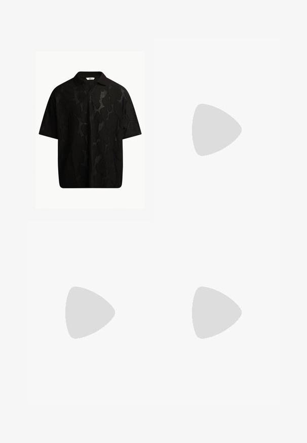 Black short-sleeve polo shirt featuring a textured, abstract pattern. The collar is flat and slightly open, enhancing the relaxed design.; Short-sleeve button-up shirt in textured dark blue fabric with a subtle pattern and a classic collar. Features white buttons down the front.; Denim shorts in light blue with a classic cut. Features five pockets, orange stitching accents, and raw-edge hems.; Black leather loafers with a smooth finish, rounded toe, and decorative stitching on the vamp. Low stacked heel and slight shine.