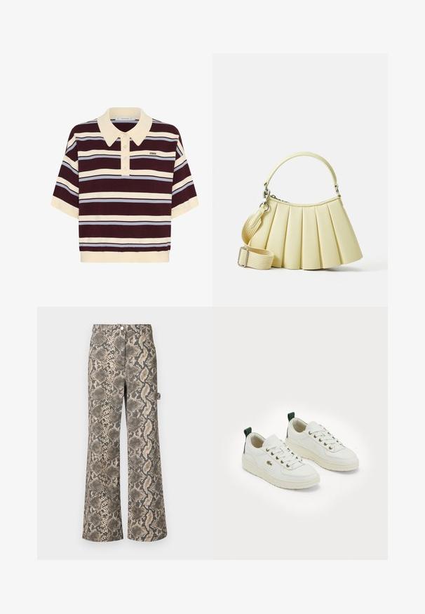 Polo de mangas curtas em riscas bordeaux e creme com realces em azul claro, apresentando um colarinho e botão de abertura. Tecido de malha suave.; Calças largas em padrão de pele de cobra falsa, apresentando tons de castanho e preto, com uma textura suave e uma cintura padrão.; Sapatilhas brancas de couro com biqueira redonda, ilhós dourados, atacadores planos e um detalhe verde no calcanhar. Apresentam uma sola de borracha texturizada.; Bolsa pregueada em material amarelo suave com uma alça curva. Apresenta uma alça removível e ajustável, com uma textura lisa e hardware minimal.
