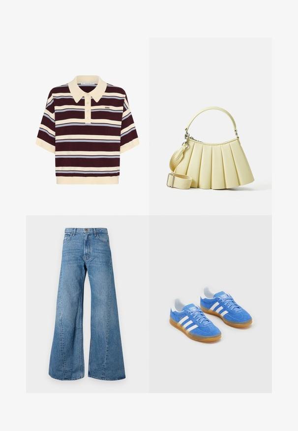 Short-sleeve polo shirt in maroon and cream stripes with light blue accents, featuring a collared neck and button placket. Soft knit fabric.; Wide-leg blue denim jeans with a high waist, featuring classic five-pocket styling and slight fading for texture.; Blue suede sports shoes with white striped accents, rubber sole, and padded collar for comfort. Features classic lace-up design.; Pleated handbag in soft yellow material with a curved handle. Features a removable adjustable strap and smooth texture with minimal hardware.