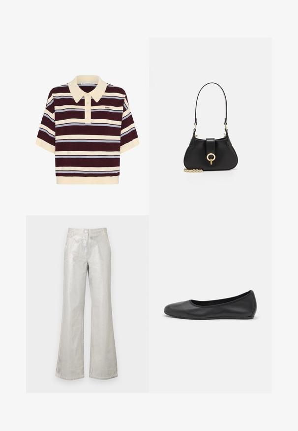 Kortærmet polo-shirt i mørkerød og creme striber med lyseblå accenter, der har krave og knaplukning. Blødt strikket stof.; Sølvfarvede flare bukser lavet af et skinnende materiale, med lukning foran med knap, to lommer og synlige syninger.; Sort læderballetsko med rund tå, glat tekstur, minimal syning og et fleksibelt såldesign.; sandro JANET - Håndtasker - noir