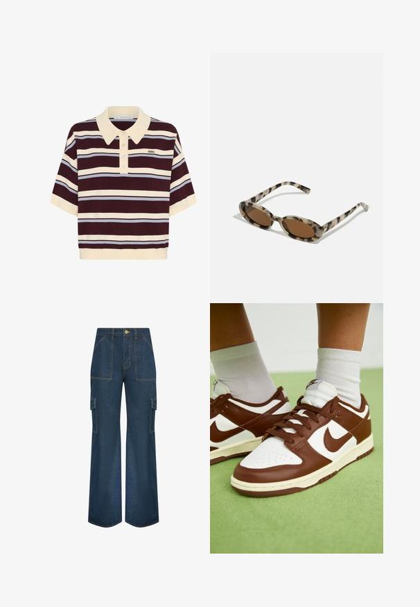 Paita polo hihaton dalam jalur marun dan krim dengan aksen biru muda, dilengkapi dengan kerah dan kancing. Terbuat dari kain rajut yang lembut.; Korkeat lahkeet cargo-housut tummansinisestä denimestä, joissa on kaksi sivutaskua, etutaskut ja keltaiset tikkausdetaljit. Teksturoitu, kestävä kangas.; Ruskea ja valkoinen nahkakengät, joissa on rei'itetty varvasosa, teksturoituja yksityiskohtia ja litteät nauhat. Mallissa on matala muotoilu ja kumipohja.; Kaurin kuorrutuksella varustetut aurinkolasit, joissa on ovaalit linssit, ruskea sävy ja ohuet kuvioidut sivut. Kevyt muovimateriaali hienovaraisilla kultaisilla yksityiskohdilla.; Kultainen metallinen käsilaukku, jossa on jämäkkä muotoilu, sileä pinta ja säädettävä olkahihna. Sisältää ainutlaatuisen kolmiomaisen muodon ja minimalistisen tikkaustyylin.; Korukultainen korvakorut, joissa on teksturoituja, aaltoilevia muotoja. Mukana on veistokselliset klipsikorvakorut ja avoin rengasmalli, jossa on vasaroitu pinta.