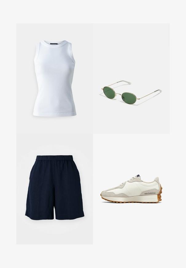 T-shirt sans manches blanc en tissu côtelé, avec un col rond et une silhouette ajustée. Texture lisse, sans motifs ni accents visibles.; Shorts bleu marine avec une taille élastique, fabriqués à partir d'un tissu léger. Présentent une coupe décontractée et des poches latérales pour plus de fonctionnalité.; Baskets blanches et beiges avec un empeigne en cuir lisse, des accents en daim, un bout arrondi et une semelle en caoutchouc texturé. Nom de la marque imprimé sur le côté.; Lunettes de soleil avec une monture dorée, des verres ovales verts et des branches en métal fines. Dispose de embouts en plastique transparent sur les branches pour plus de confort.
