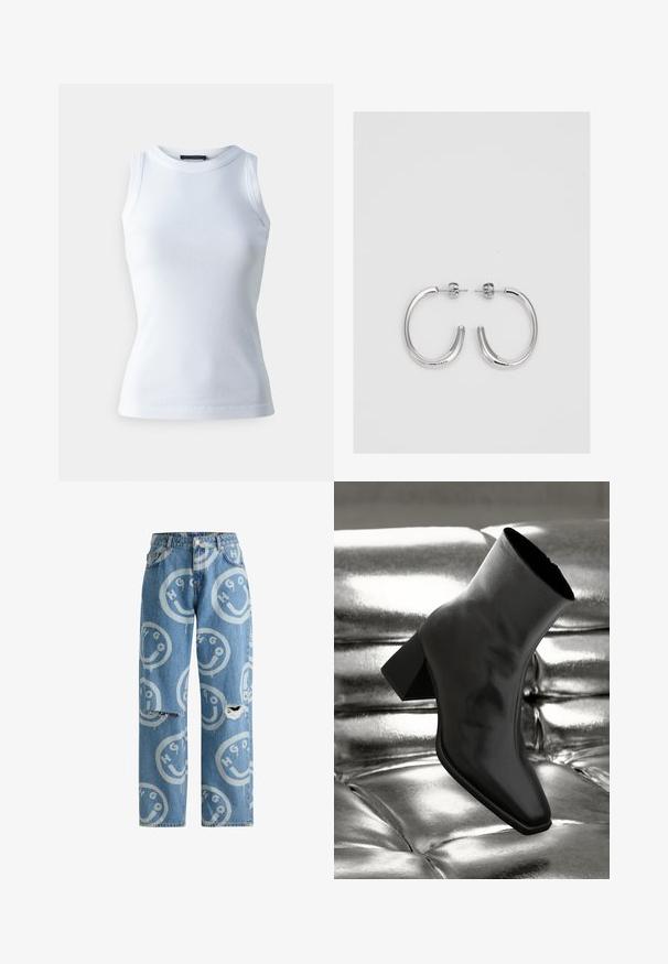 White sleeveless top made of ribbed fabric, featuring a round neckline and a fitted silhouette. Smooth texture, no visible patterns or accents.; Light blue denim jeans with a loose fit, featuring a repeated smiley face and logo pattern, distressed detailing on the knees.; Black ankle boot made of glossy material with a square toe and tapered heel, set against a shiny silver tufted background.; Silver hoop earrings with a smooth, shiny finish. Rounded shape, lightweight design, featuring a post-back closure.