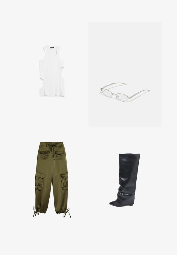 White sleeveless top made of soft fabric, featuring cut-out sides and a round neckline. Simple design with no patterns or accents.; Olive green cargo pants made of smooth fabric, featuring two front pockets, adjustable waist tie, and elastic cuffs with ties at the ankles.; Bata Wedge boots - nero; Oval glasses with a metallic silver frame, clear lenses, and textured beaded temple accents. Lightweight design with curved arms.