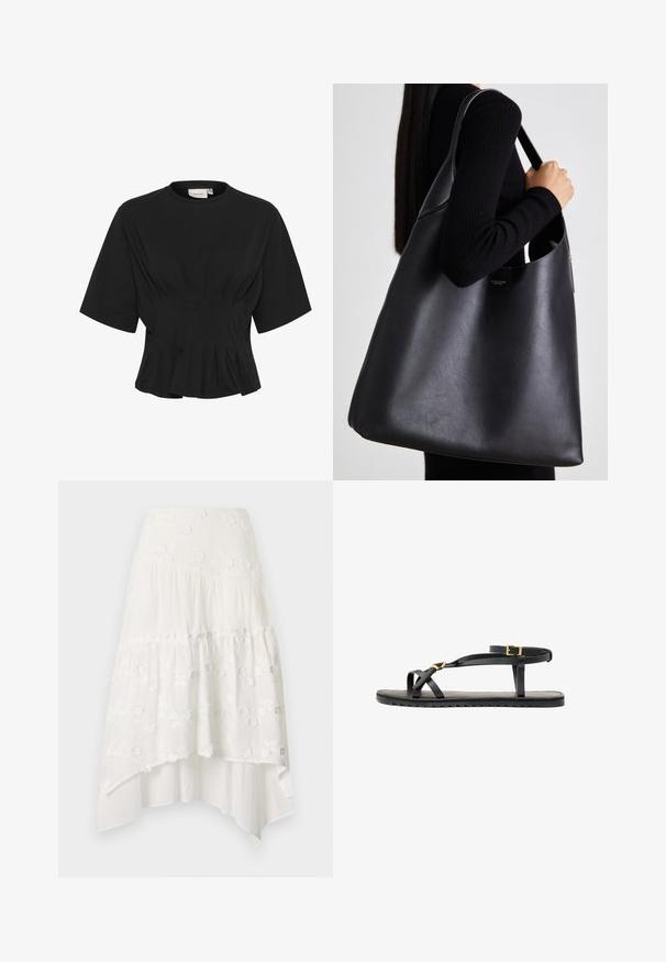 Melnā īsa piedurkņu tops ar apaļu kakla izgriezumu, ar pleitu detaļām un pieguļošu virsotni, kas paplašinās pie apakšmalas. Izgatavots no mīksta auduma.; Balta, daudzlīmeņu svārki ar ziedu izšuvumiem. Aprīkoti ar pieguļošu jostas daļu un plūstošu, kārtainu audumu, radot asimetrisku apakšmalu.; Melni ādas sandales ar plāniem siksniņām un ar sprādzi regulējamu potīšu siksnu. Plakans zole ar teksturētu virsmu un zigzaga malu. Minimalistisks dizains.; Melnas ādas somiņa ar gludu tekstūru, pārmērīgu formu un vienu plecu siksnu. Izceļas ar zelta logotipa akcentu.