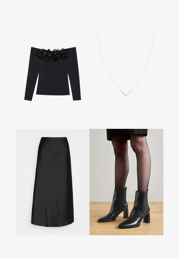 Svart off-the-shoulder topp med lange ermer, med et teksturert blomsterbeslag laget av svart fløyel langs utringningen.; Svart sateng midi skjørt med en glatt tekstur, A-linjeform og en subtil glans. Har et elegant, ukomplisert design uten pynt.; Sorte ankelstøvler i skinn med spiss tå, chunky firkantet hæl, og slank design. Har elastiske sidede paneler for enkel påføring.; Gullfarget halskjede med en tynn kjede og en V-formet anheng. Strømlinjet design med en jevn, polert overflate og minimal detaljer.