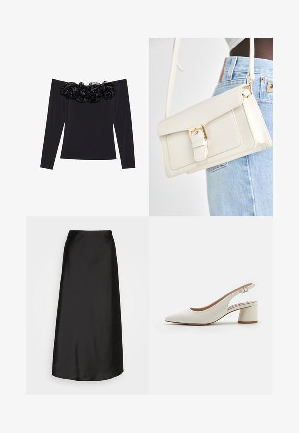 Haut noir à épaules dénudées avec manches longues, présentant une bordure florale texturée en velours noir le long de l'encolure.; Jupe midi en satin noir avec une texture lisse, en forme A, et un éclat subtil. Présente un design épuré et simple sans embellissements.; Bottines blanches en cuir avec un bout pointu, un talon bloc de hauteur moyenne et une sangle ajustable. Texture lisse ; design minimaliste.; Sac à main en cuir synthétique blanc avec un rabat, quincaillerie dorée et une bandoulière amovible. Il dispose d'une fermeture à boucle et d'une texture lisse.; Collier en ton or avec une fine chaîne et un pendentif en forme de V. Design épuré avec une finition lisse et polie et un minimum de détails.