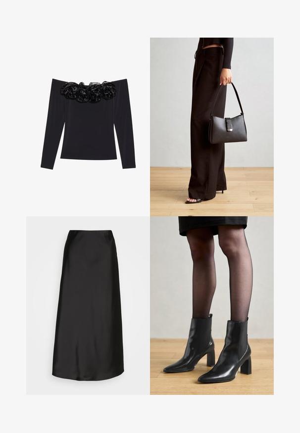 Top negro sin mangas con largas mangas, que presenta un borde floral texturizado de terciopelo negro a lo largo del escote.; Falda midi de satén negro con una textura suave, forma de A y un brillo sutil. Presenta un diseño elegante y sencillo sin adornos.; Botines de cuero negro hasta el tobillo con punta afilada, tacón cuadrado grueso y diseño elegante. Presentan paneles laterales elásticos para facilitar el uso.; Bolso negro con forma estructurada, textura suave y un cierre metálico. Combinado con pantalones anchos negros y sandalias de dedo en un suelo de madera.